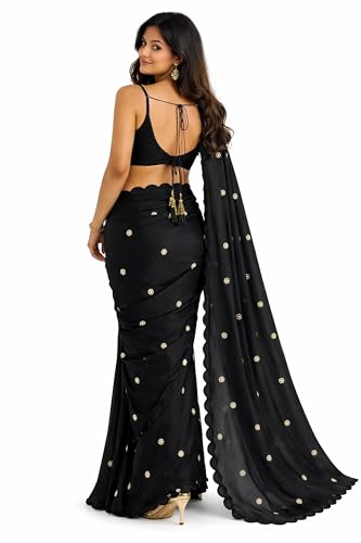 Image of Women's Pure Fandy Satin Sequin Embroidered work Saree with Dupion Unstitched Blouse Piece