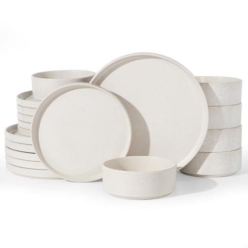 Image of Famiware Nebula Plates and Bowls Sets, 18 Pieces Stoneware Dinnerware Sets, Reactive Glaze Dish Set, Dishes Set for 6, Matte Beige White