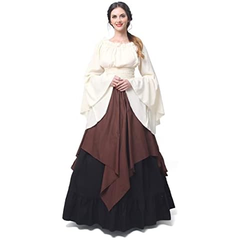Fiamll Medieval Clothing Women's Renaissance Costume Medieval Dress 2-Piece Set Victorian Blouse + Medieval Skirts, Braun, XXL Cover