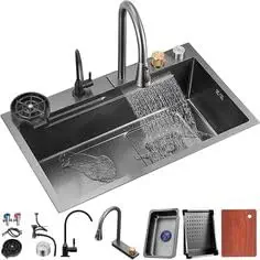 SIROTIA Waterfall Kitchen Sink with Integrated Waterfall and Pull Down Faucet | Fruit Basket with Complete Accessories | 304 Grade Stainless Steel (24x18x10)
