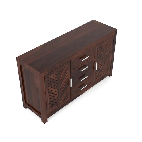 Image of Solid Sheesham Wood Sideboard Cabinet with 4 Drawers & 2 Doors | Rosewood Storage Cabinet for Living Room, Dining Room & Office (Walnut Finish)