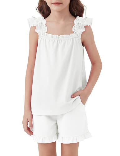 Arshiner Girls Pajamas Ruffle Tank Top and Shorts Sets Soft Cute 2 Piece Sleepwear for Kids White 9-10 Years