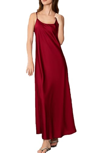 Chemise de nuit longue en satin fluide pour femme avec col rond et fente