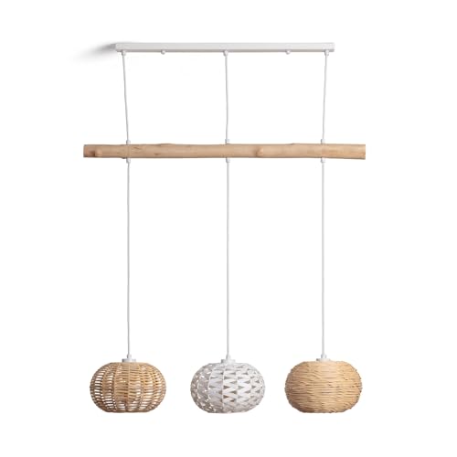LEDKIA LIGHTING - Lampada a Sospensione Rattan e Legno Linfen | Design Boho-Chic | Altezza Regolabile | Compatibile E27 3 Luci | Uso Interno | Per Soggiorno, Cucina, Camera, Naturale, Rattan