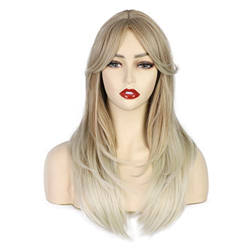 Earfodo Long Blonde Wigs for Women Ombre Dirty Blonde Wig with Bangs Middle Part Heat Resistant Layered Synthetic Wig For Women Daily Party Wear 21 Inch Natural Looking