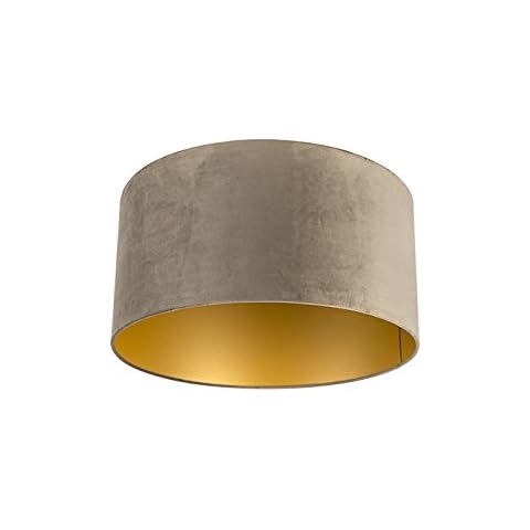 QAZQA Baumwolle Velour Lampenschirm taupe 50I50I25 mit Gold I Messingener Innenseite, Rund gerade Schirm Pendelleuchte,Schirm Stehleuchte Cover
