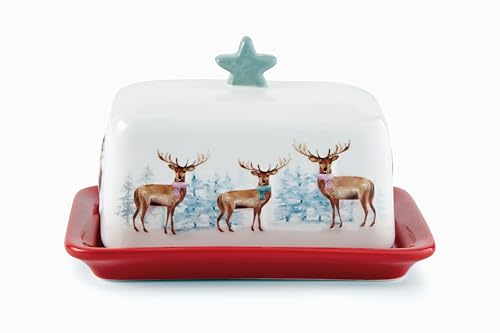 Cooksmart British Designed Christmas Ceramic Butter Dish with Lid | Large Butter Dish for All Types of Kitchens | Animal Print Stag