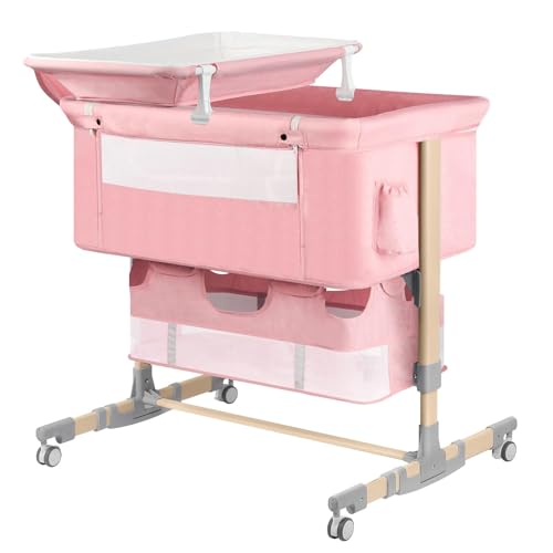Image of UNISWAN Baby Bassinet Bedside Sleeper with Diaper Changing Station + Mosquito Net + 16gallon Capacity Storage, Adjustable & Portable Bassinet Cosleeping Baby Bed (Wooden Pink)