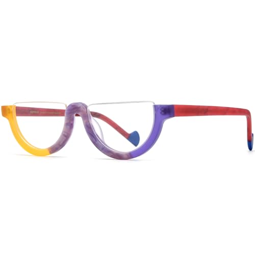 Image of HEPIDEM Matte Multicolor Acetate Glasses Frame Women,Semi Rimless Round Optical Eyeglasses