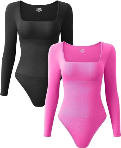 Gursac Sexy 2-teiliges Set für Damen, mit quadratischem Kragen und langen Ärmeln, figurformender Body mit Bauchkontrolle, schwarze Rosen, Schwarz