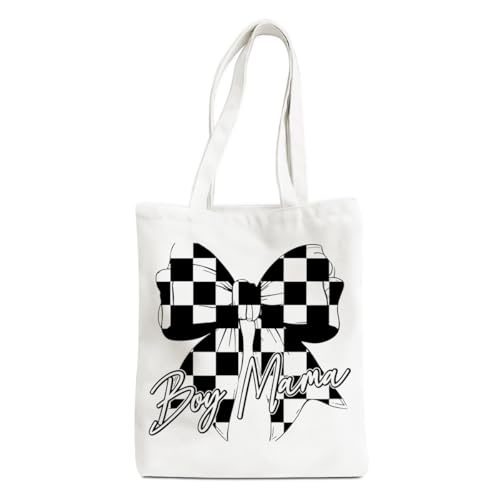 JHFDTY Boy Mom Mama Checkerboard Bow Tote Bag Mothers Day Christmas Birthday Gifts from Daughter Son Boy Mom Bags for Everyday Sports Hospital Travel Beach Shopping
