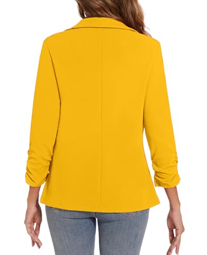 Women's Casual Button Front Blazer Jackets Ruched 3/4 Sleeve Lapel Office Work Lightweight Blazers with Pockets2