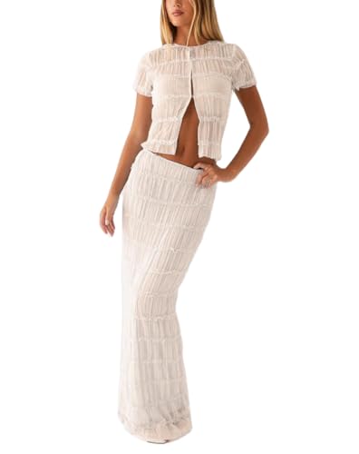 Women Y2k Maxi Skirt Set Lace Mesh Pleated Short Sleeve Button Down Top and Long Skirts Beach 2 Piece Outfit