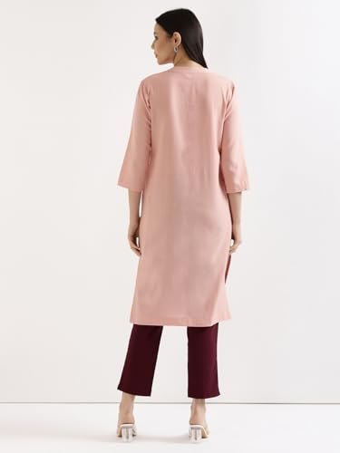 Image of SAADAA Women's Linen Straight Fit Straight Long Kurta Airy Plain Kurta, 3 /4 Sleeve, Knee Length Kurtis with Pockets, Casual and Office Wear