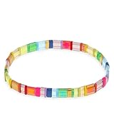 Sonateomber Tila Flat Beaded Stretch Bracelets for Women, Trendy Stackable Mix Color Rainbow Glass Square Beads Stack Bracelet Beach Jewelry Gift