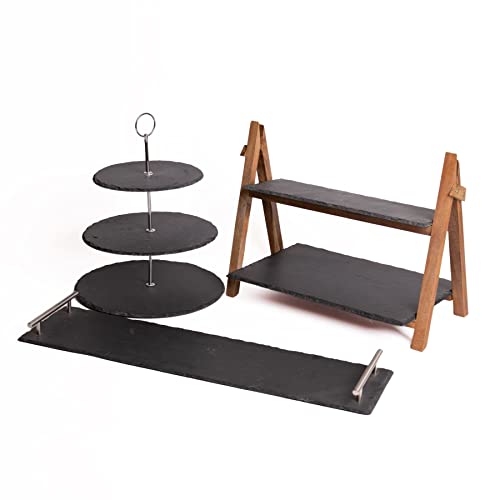 Artesà Slate Serving Stand, Platter and Slate & Wood Serving Stand Set