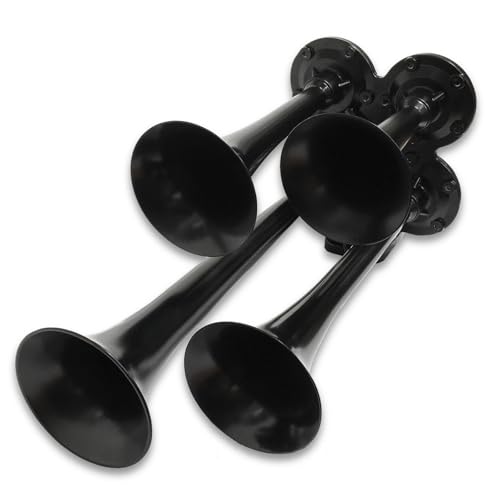 Train Air Horn Quad 4 Black Trumpets with Heavy-Duty Electric Solenoid