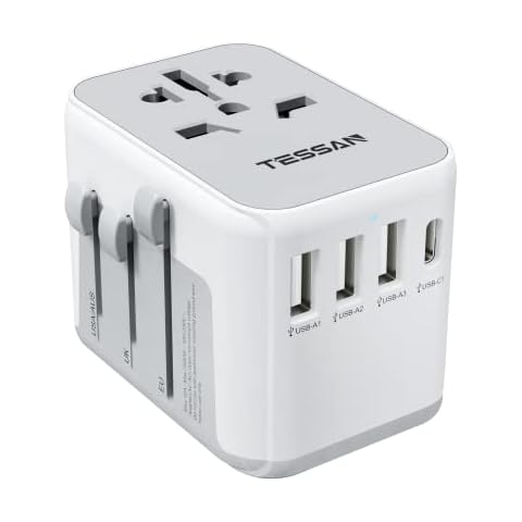 TESSAN Universal Travel Adapter, International Power Adapter with 4 USB Ports (1 USB C), Worldwide Plug Adaptor Wall Charger for USA to Europe UK France Germany Spain Ireland Australia(Type C/G/A/I) Cover