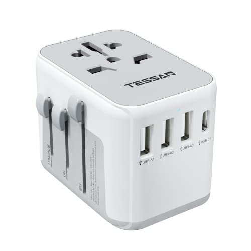 TESSAN Universal Travel Adapter, International Power Adapter with 4 USB Ports (1 USB C), Worldwide Plug Adaptor Wall Charger for USA to Europe UK France Germany Spain Ireland Australia(Type C/G/A/I)