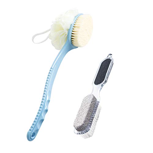 Body Shower Brush with Loofah and Bristles,Mesh Sponge Back Scrubber Bath Brush with Curved Long Handle,Pedicure Brush with Pumice Stone for Feet, Foot Cleaning Brush, Emery Board and Metal File Blue