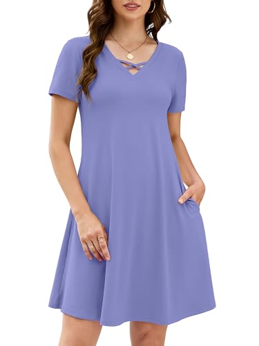 Image of KORSIS Women's Dresses Summer Casual T-Shirt Short Sleeve Criss Cross V Neck Swing Beach Vacation Sundress Dress with Pockets