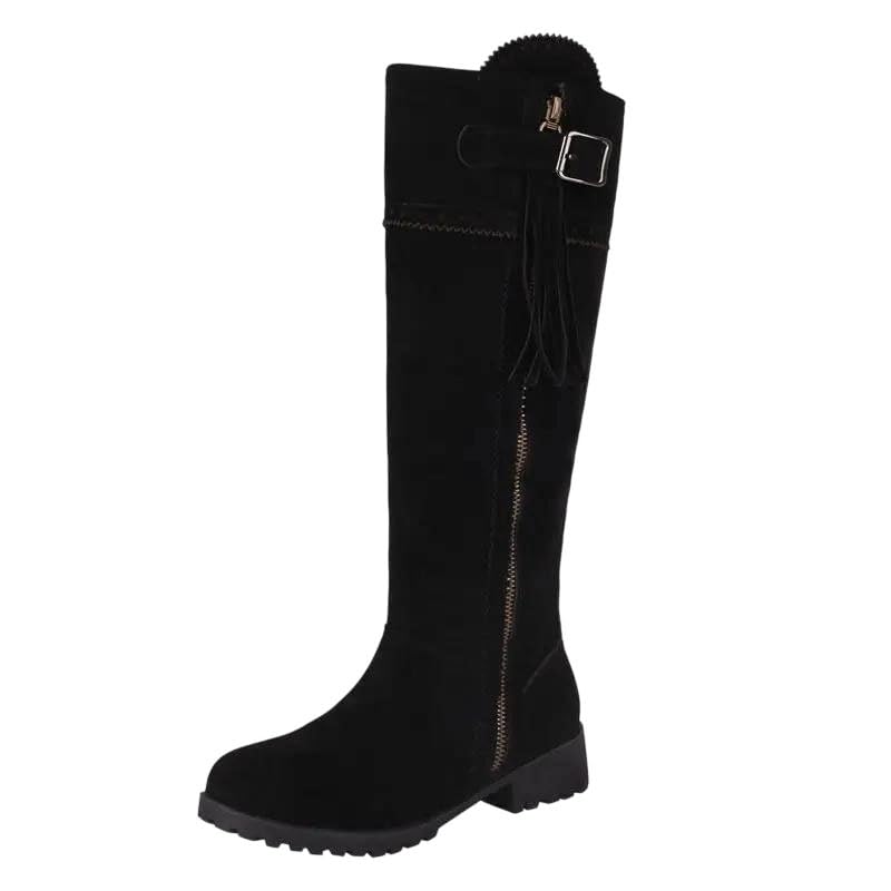 Womens Knight Boots Flock Round Toe Thick Heels Tassels Knee High