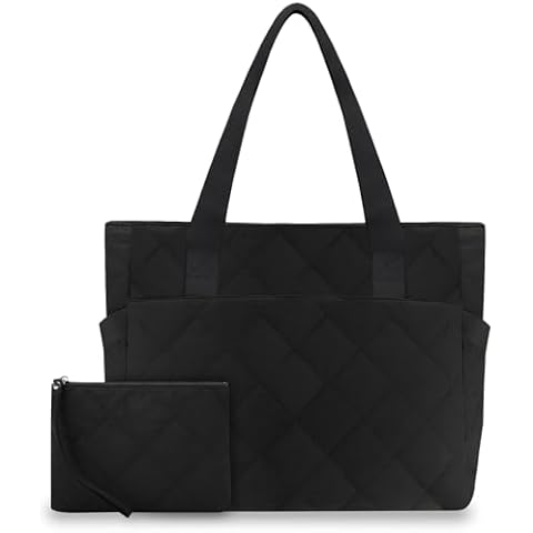 Kasqo Tote Bag for Women, Lightweight Large Quilted Puffer Tote with Zipper Carry On Nurse Bag for Travel Work Gym with Wallet Pouch Black Cover
