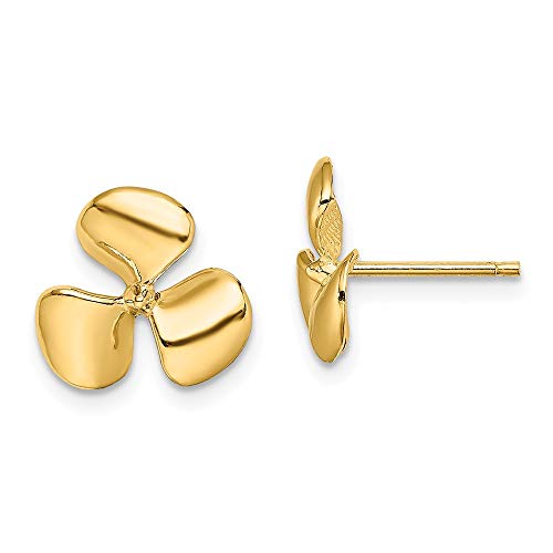 Solid 10k Yellow Gold Three Blade Propeller Center Bead Post Studs Earrings