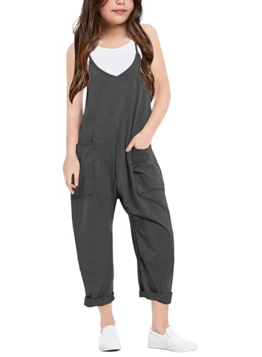 CharmWM Girls Casual Jumpsuits Spaghetti Strap Sleeveless Loose Romper Long Pants with Pockets Kids Clothes Dark Gray - Thumbnail 2