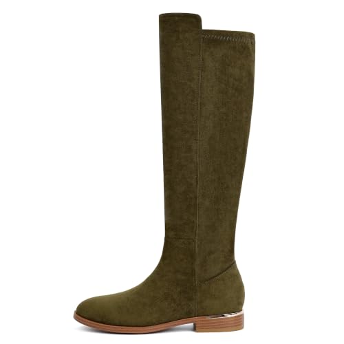Image of Modatope Rounded Toe Flat Stretchy Dress Knee High Boots Side Zipper | Suede Elastic Fall Winter Boots, Low Chunky Block Heel Riding Boots,2026 Fashion Womens Tall Long Boots