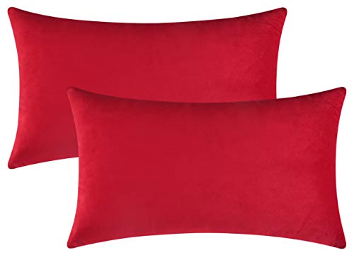Image of Mixhug Set of 2 Cozy Velvet Rectangle Decorative Throw Pillow Covers for Couch and Bed, Red, 12 x 20 Inches