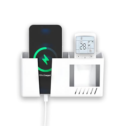 Image of Prolet Wall Mount Mobile Charging Holder with Storage Box, Self-Adhesive Phone Stand, AC /TV Remote Organizer, Multipurpose Shelf-(White)