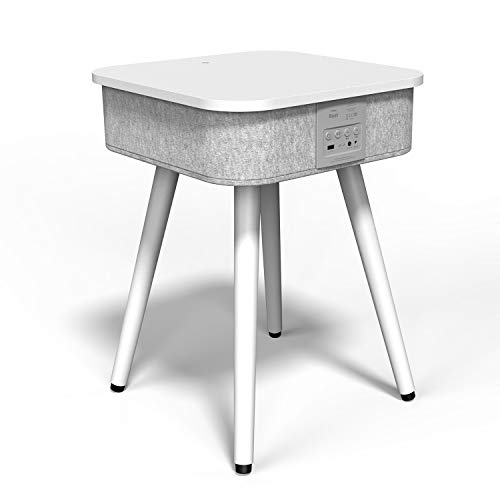Mesa Altavoz Bluetooth Portátil, Mesa Auxiliar Inteligente con Base de Carga inalámbrica Qi y USB para Dormitorio o Sala de Estar