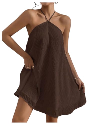 Image of MakeMeChic Women's Halter Dress Summer White Beach Mini Backless Flowy Short Dress