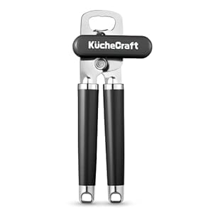 KucheCraft Can Opener Manual, Heavy Duty Handheld Can Opener With Stainless Steel Sharp Blade, Hand Can Opener with Ergonomic Hand Grip and Larger Turning Knob, Built in Bottle Opener(Black)