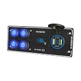Zoegneer Pannello interruttori a 4 posizioni con caricabatterie rapido PD 0 e voltmetro 12 V 24 V A Porte Indicatore LED per auto, barca, yacht, camper, camion, nero (luce blu)