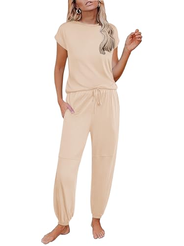Ekouaer Pajamas for women 2 Piece Lounge Set Cap Sleeve Sleepwear Joggers Pants Pjs with Pockets,Beige,S