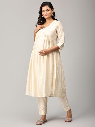 Image of The Mom Store Women's Raw Silk Maternity and Nursing Kurta Set | Front Zipper for Easy Feeding Pre and Post Pregnancy