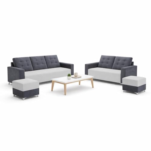 Image of Hakuna Dual Tone Plush Velvet 3 Seater + 2 Seater Sofa Set with 2 Ottoman | Silken Velvet Suede Upholstery | Designer Sofa for Living Room, Office Spaces (Dark Grey & Light Grey)