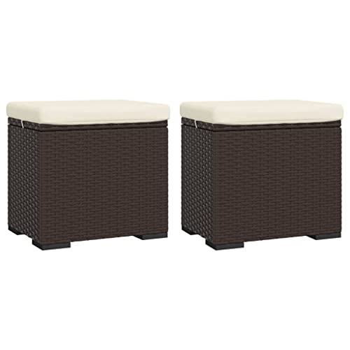 vidaXL Sturdy Outdoor Ottoman with Cushions 2 pcs Set - Brown Poly Rattan with Cream White Fabric Cushions - 15.7
