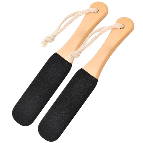 Lot de 2 pierres ponces pour pieds durs - Pierre noire professionnelle avec poignée en bois - Lime ergonomique et brosse à pieds pour enlever les cors, talons fissurés, callosités mortes