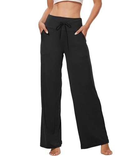 Image of ZOOSIXX Soft Black Pajama Pants for Women, Wide Leg Pants Woman Flowy Comfy Casual Lounge Yoga Capri Pants 22 inch / 30 inch