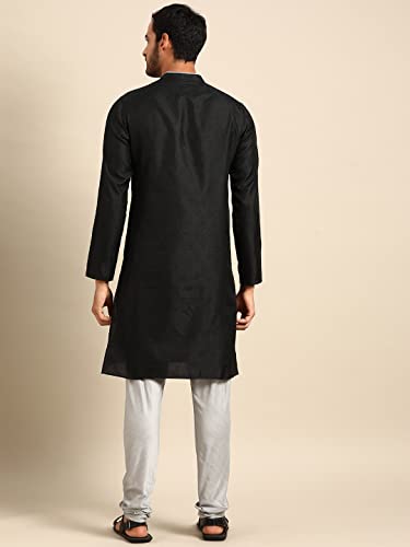 Image of Men's Black Art Silk Regular Fit Ethnic Motifs Kurta | Indian Kurta | Festive Ethnic Kurta with Embroidered Packet