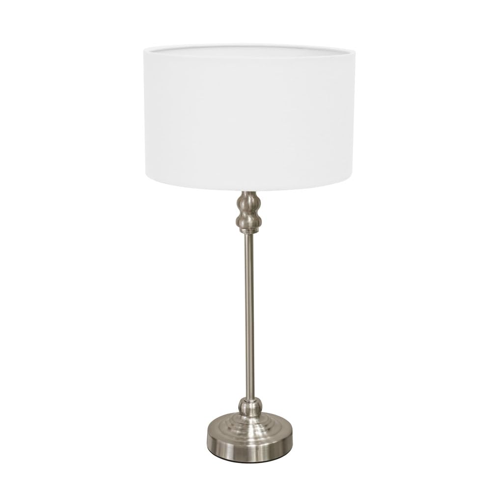 ValueLights | Brushed Chrome Metal Candlestick Table Lamp with White Fabric Drum Shade Bedside Light | Table Lamps, Home Décor & Improvement Essential