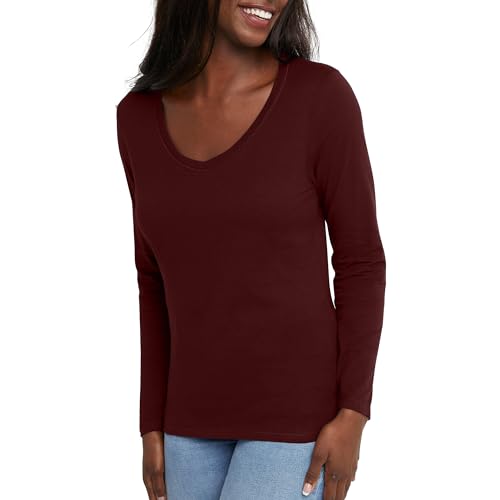 Hanes Womens Originals Long Sleeve Cotton V-Neck T-Shirt, Lightweight V-Neck Tee, Modern Fit, Mulled Berry, Large