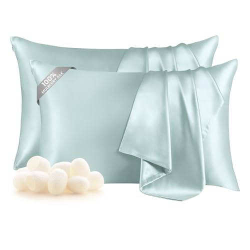 THXSILK Set of 2 100% Mulberry Silk Pillowcase for Hair and Skin Health, Soft Breathable and Smooth Pillowcases with Hidden Zipper, Both Sides Premium Grade 6A+ Silk, Standard 20"x26", Light Blue