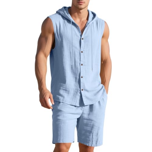 Men Linen Sets Outfits Sleeveless Hoodies 2 Piece Short Set Summer Beach Tank T Shirts Solid Gym Workout Running Sets2