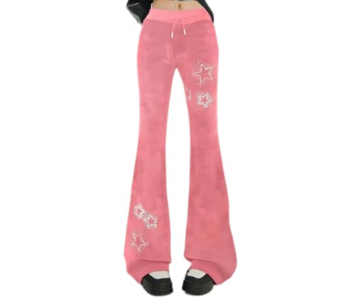 Image of BONVEN Womens Y2k Gothic Drawstring Flare Pants Streetwear Casual Star Rhinestone Low Rise Disco Pants Bell Bottoms
