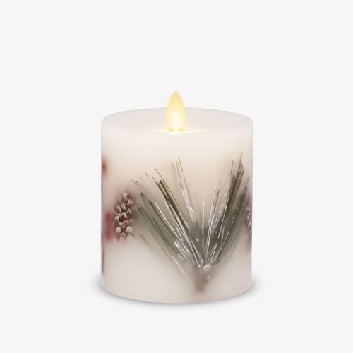 Image of Luminara Embedded Flameless LED Candle - Pine Berries 3.5 inch x 4.5 inch - Moving Flame Pillar, Battery Operated Timer, Real Wax, Unscented, Safe