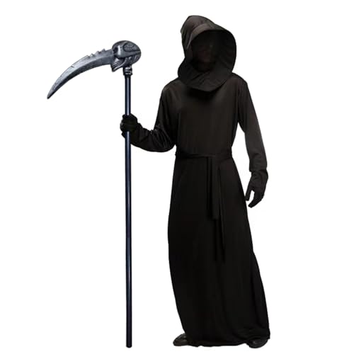 KYOEOE Sensenmann Kostüm Erwachsene mit Sense,Halloween Kostüm Herren Horror Schwarz Halloween Reaper Kostüm Gruselig Tod Party Kostüm für Halloween Karnevals Cosplay